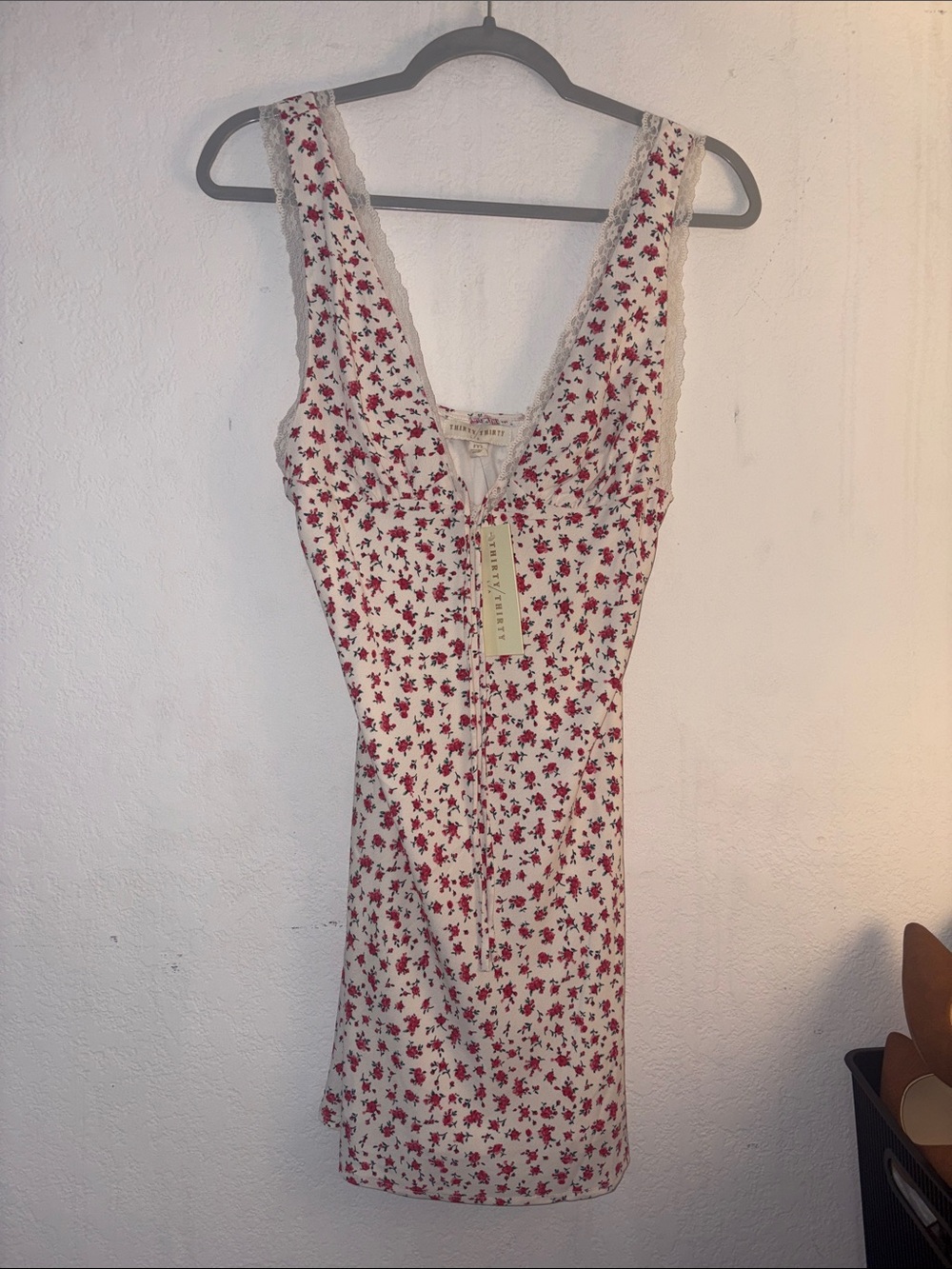 Cream Mini Slip Dress with Red Floral Print and Lace Trim